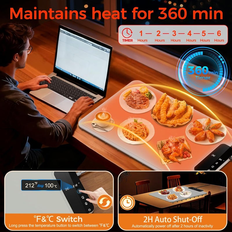 BROBIG Warming Mat for Food | Dishwasher Friendly,Full-Surface Food Warmer with 6-Mode Adjustable and Timer,Roll-Up & Portable Silicone Food Heating Pad with Child Lock,Electric Warming Tray for Buffet Party - Image 4